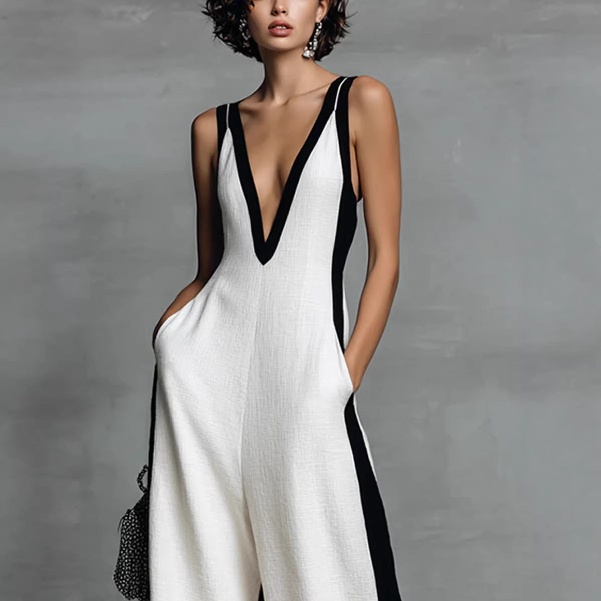 Color-Block Sleeveless Wide-Leg Jumpsuit – French Style Long Pants