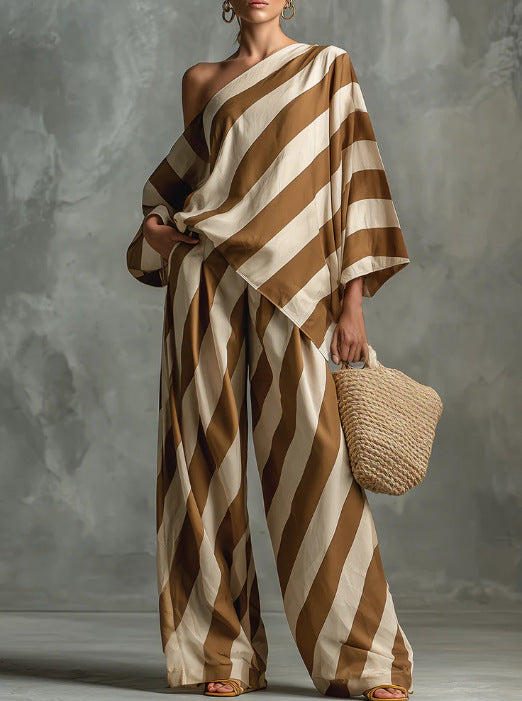 Retro Striped Batwing Top & Wide-Leg Pants Set – Vintage 2-Piece