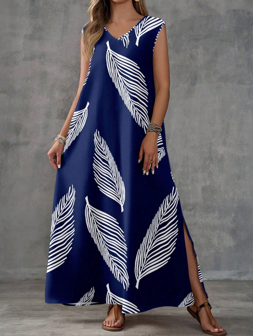 Vintage V-Neck Sleeveless High-Waist Maxi Dress