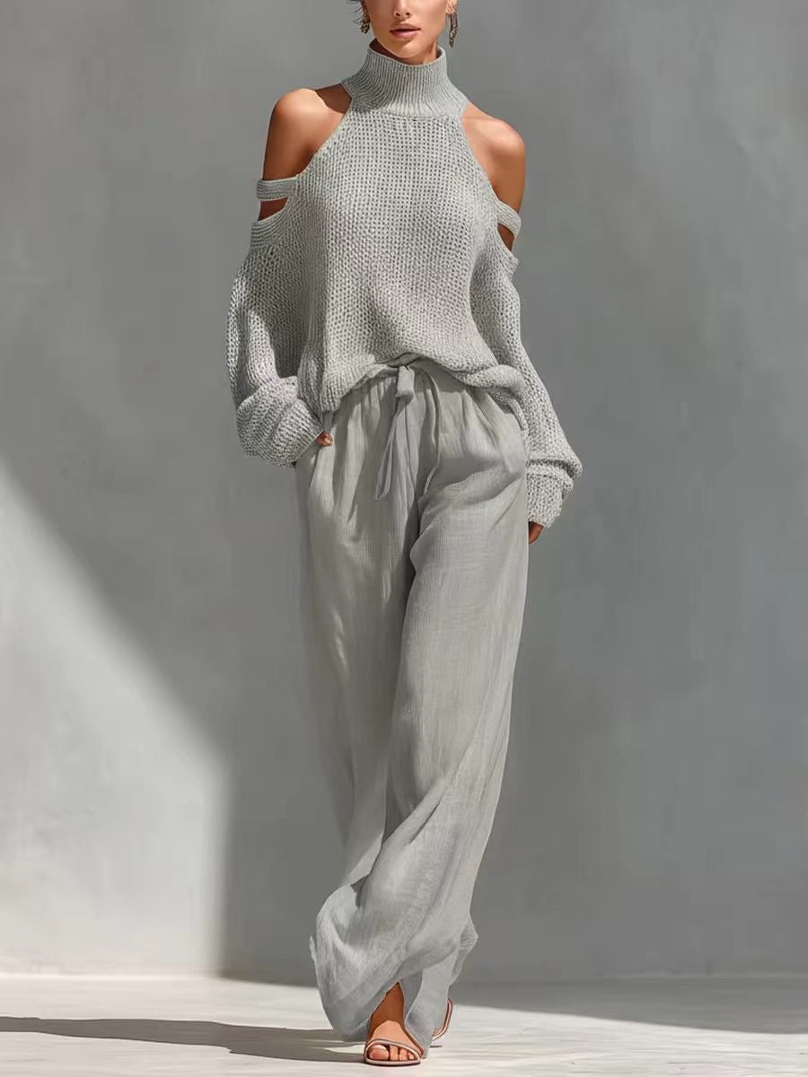 Long-Sleeve Turtleneck Top & Pants Set – Elegant 2-Piece