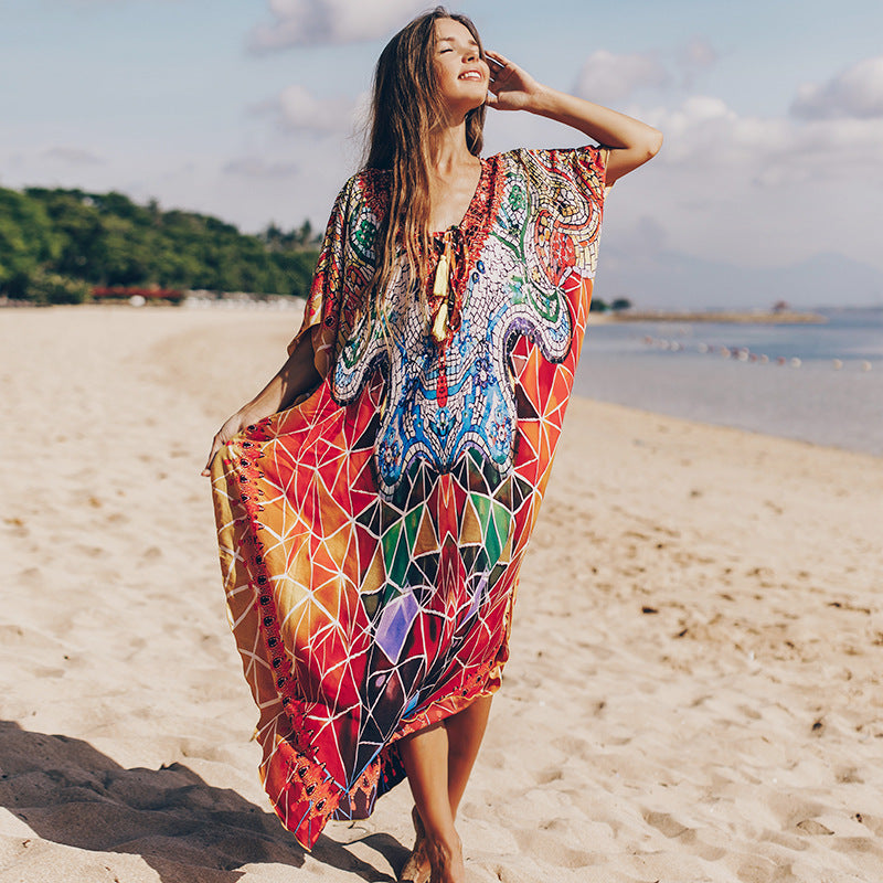 Silky Marbling Robe Vacation Loose Beach Maxi Dress Bikini Swimsuit
