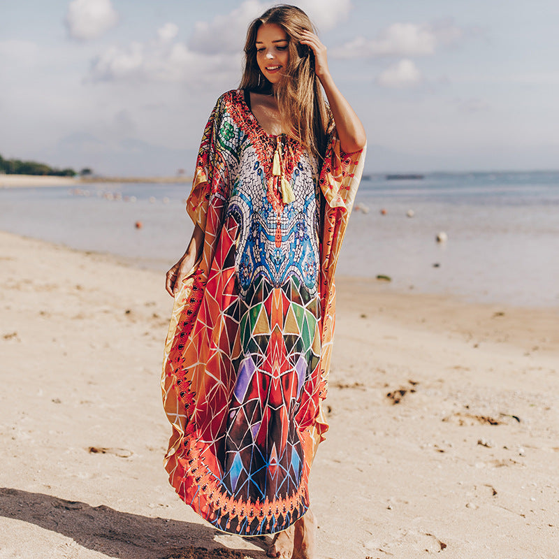 Silky Marbling Robe Vacation Loose Beach Maxi Dress Bikini Swimsuit