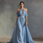 Solid-Color Halter Neck Midi Dress