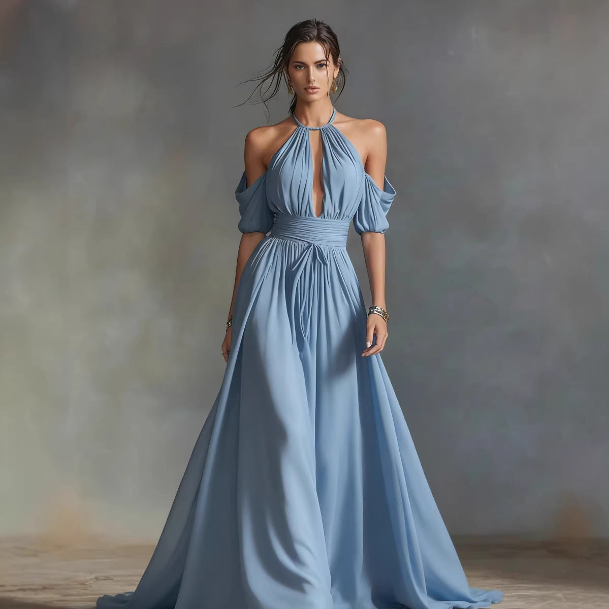 Solid-Color Halter Neck Midi Dress