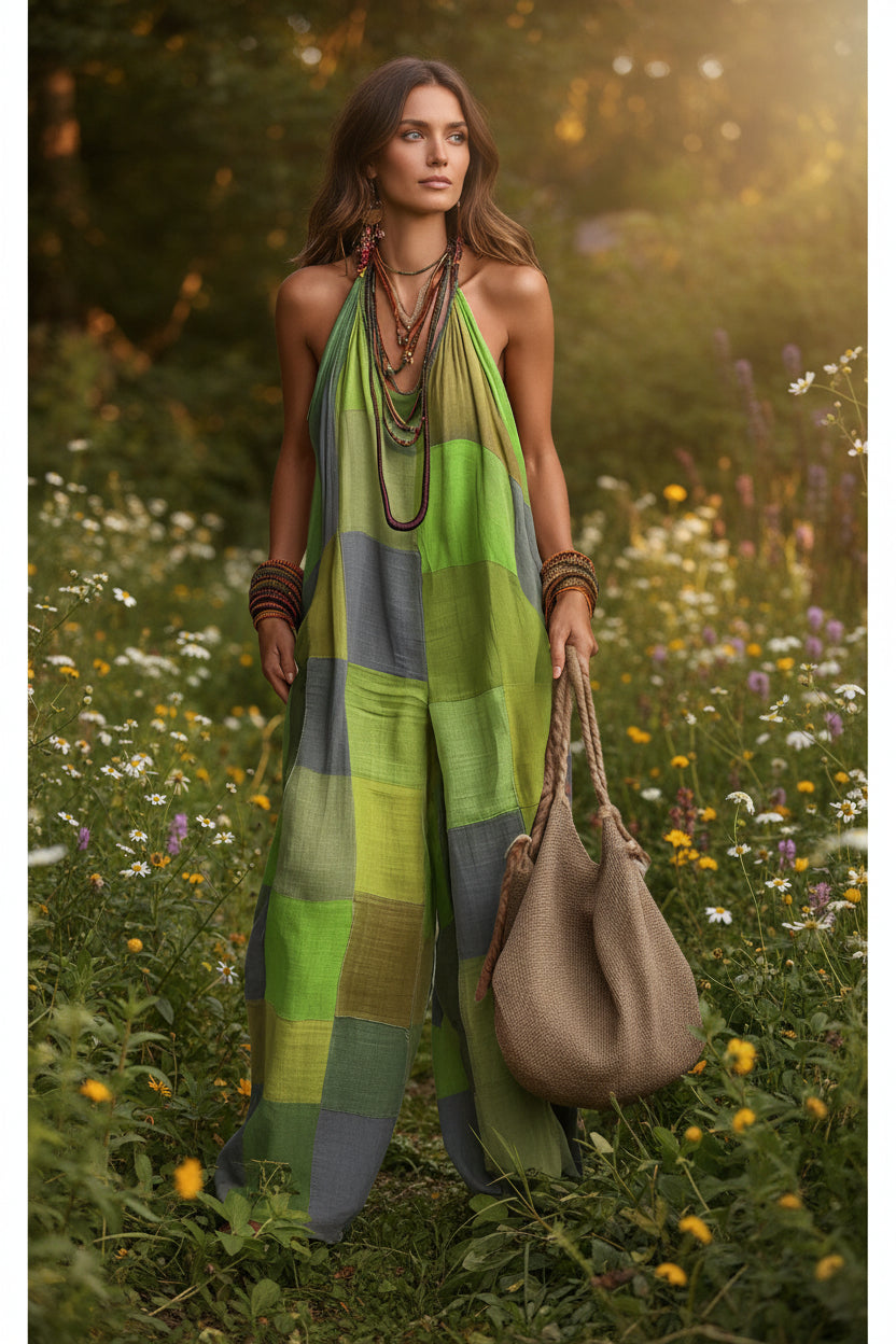 Plaid Print Jumpsuit – Sleeveless, Wide-Leg, Suspender Style