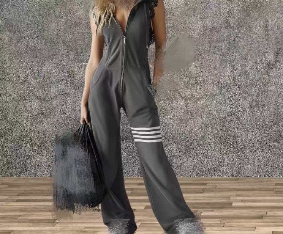 Sporty Retro Lace-Up Striped Sleeveless Hooded Jumpsuit – Wide Flare Leg