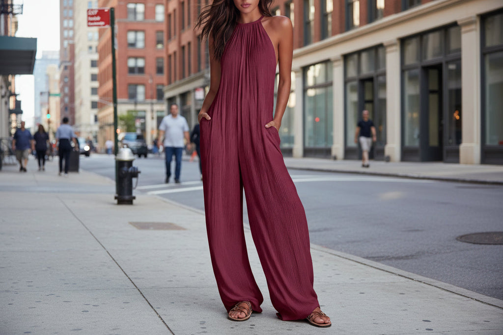 Sleeveless Open-Back Wide-Leg Pleated Jumpsuit
