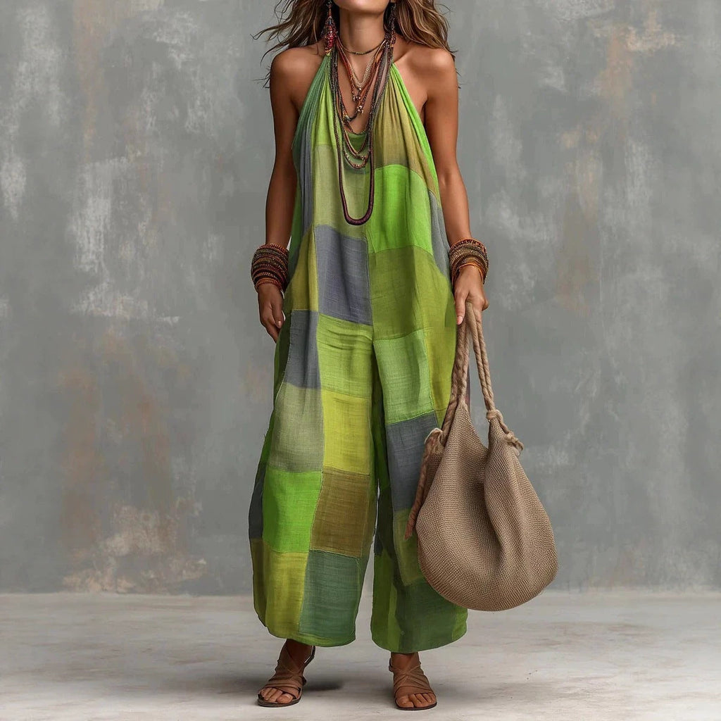 Plaid Print Jumpsuit – Sleeveless, Wide-Leg, Suspender Style