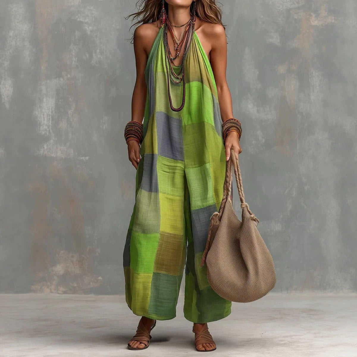 Plaid Print Jumpsuit – Sleeveless, Wide-Leg, Suspender Style