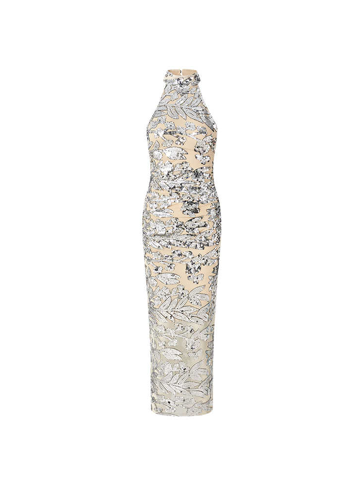 Sequined Bling Mesh Halter Maxi Dress