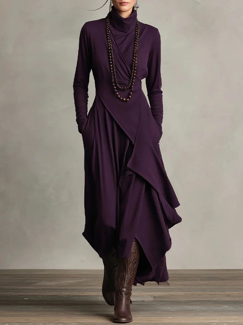 Cross-Wrap High-Neck Long-Sleeve Maxi Dress