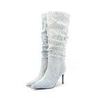White Denim High Heel Tall Boots