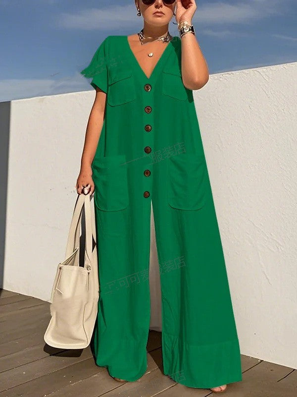 Single-breasted Pocket Elegant Solid Color Jumpsuit