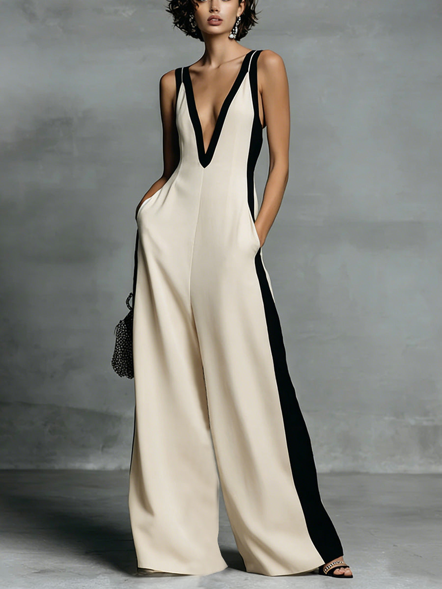 Color-Block Sleeveless Wide-Leg Jumpsuit – French Style Long Pants