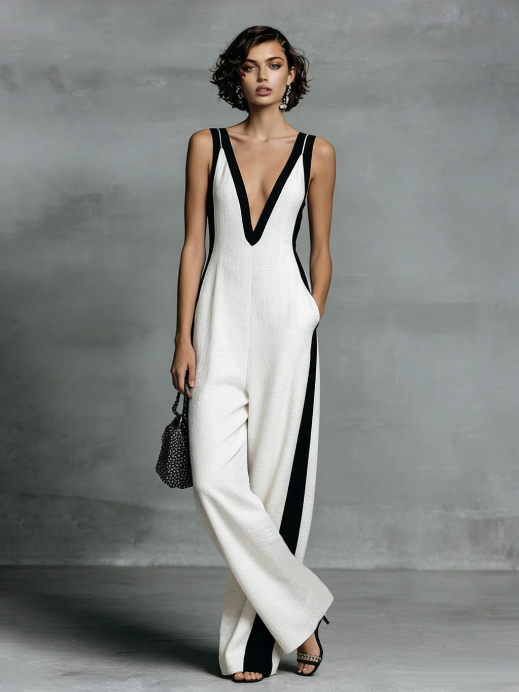 Color-Block Sleeveless Wide-Leg Jumpsuit – French Style Long Pants