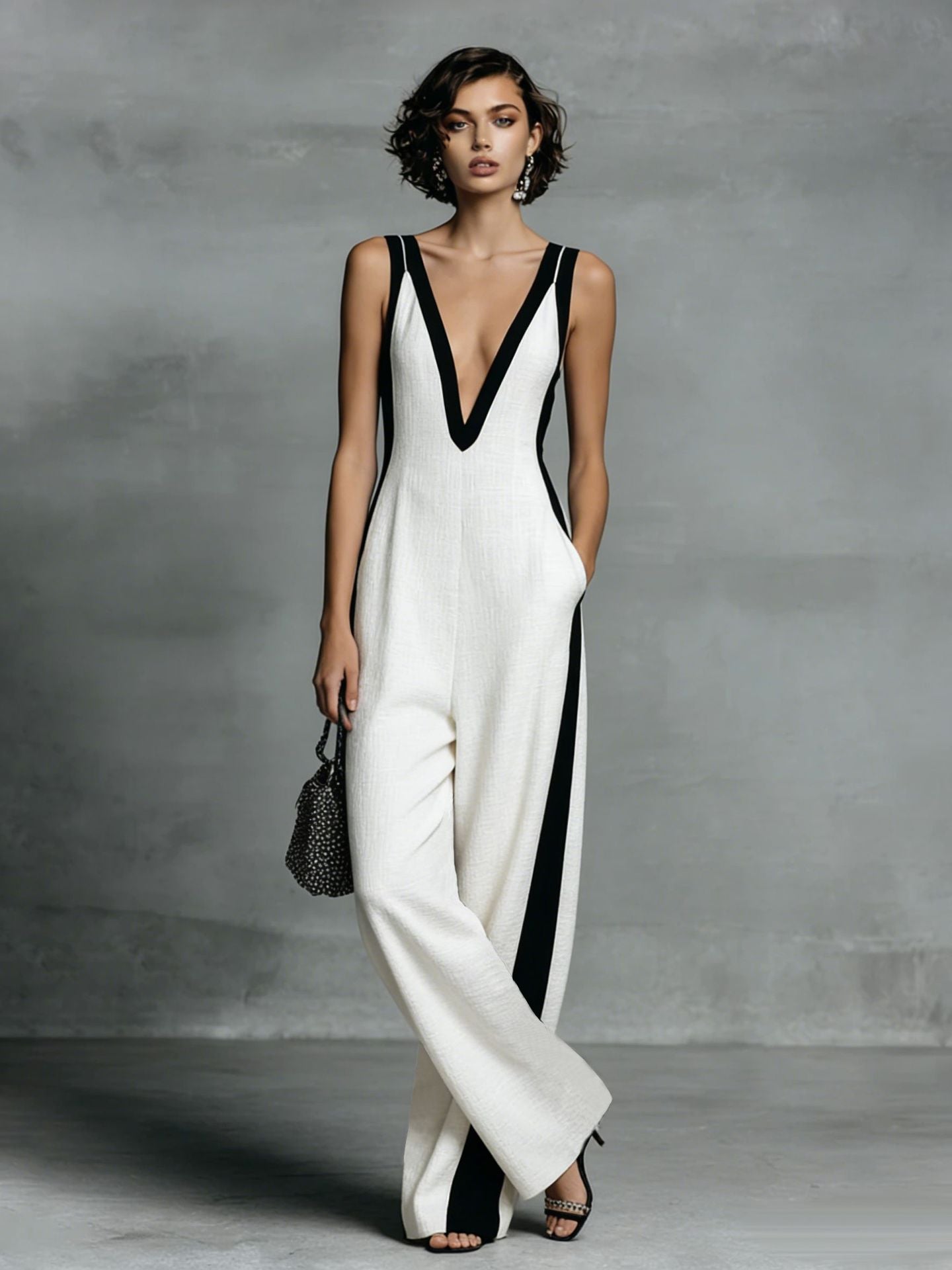 Color-Block Sleeveless Wide-Leg Jumpsuit – French Style Long Pants
