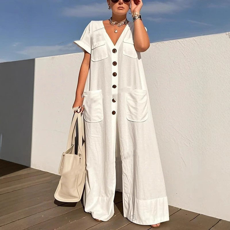 Single-breasted Pocket Elegant Solid Color Jumpsuit
