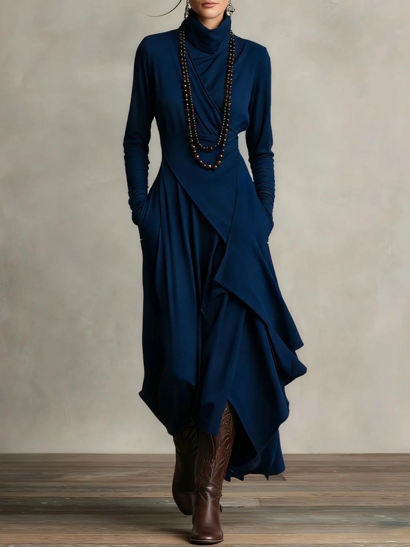 Cross-Wrap High-Neck Long-Sleeve Maxi Dress
