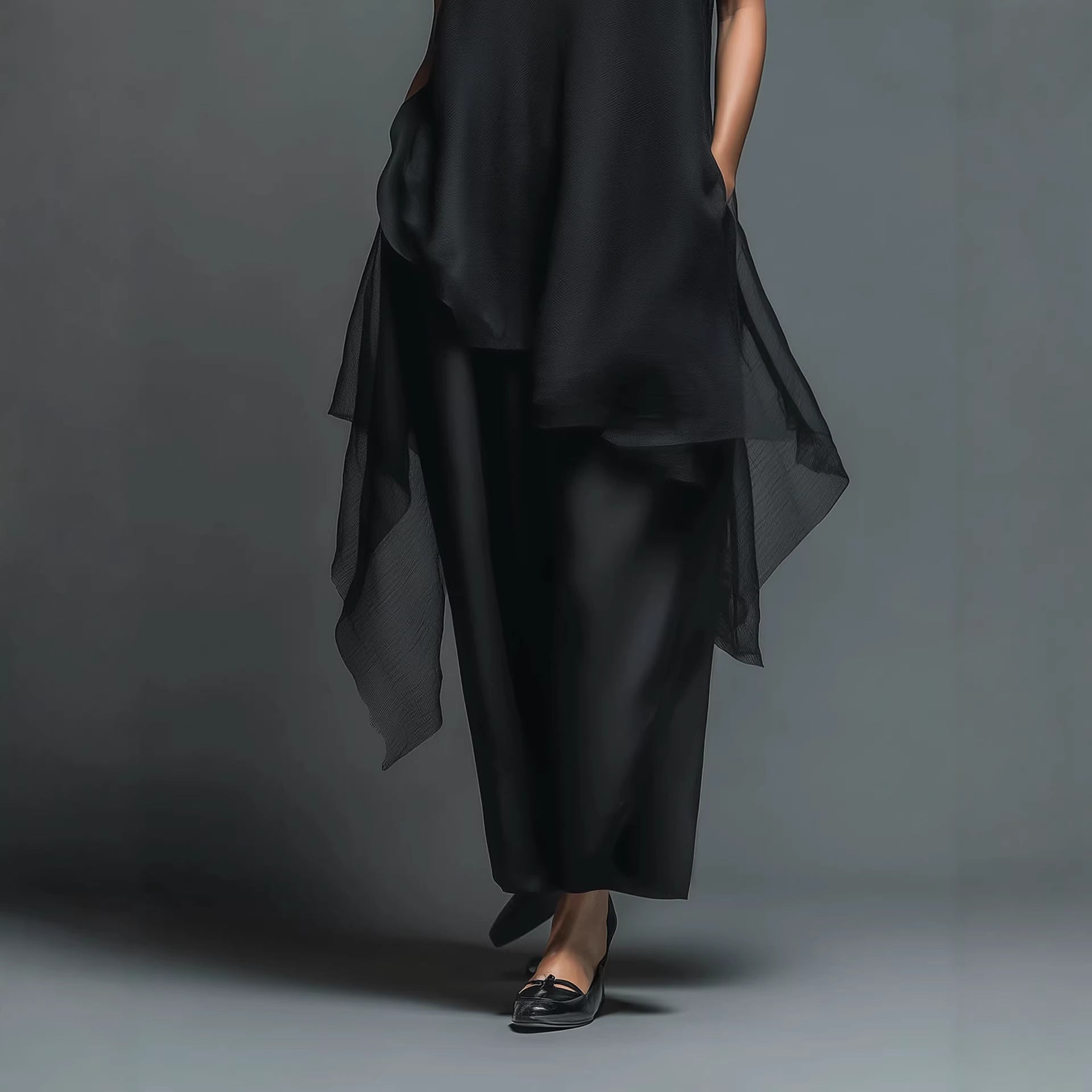 High-neck Asymmetrical Black Slip Chiffon Two-piece Set