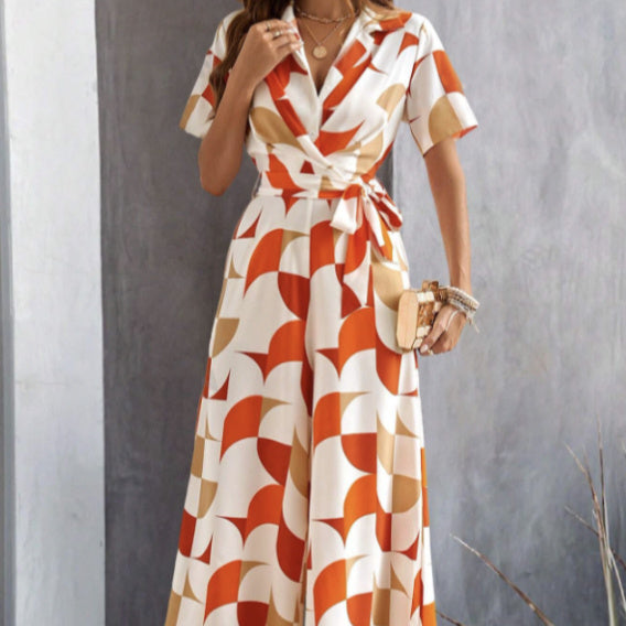 Geometric Pattern Printed Lace Up Shirt Jumpsuit