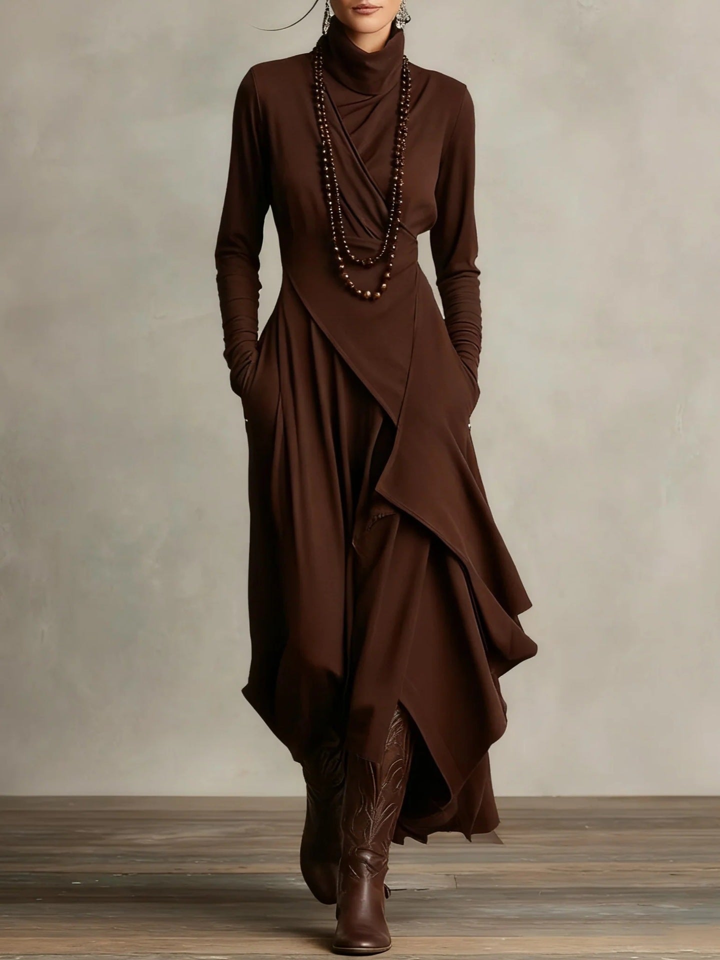 Cross-Wrap High-Neck Long-Sleeve Maxi Dress