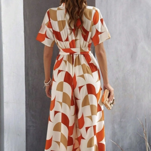 Geometric Pattern Printed Lace Up Shirt Jumpsuit