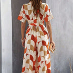 Geometric Pattern Printed Lace Up Shirt Jumpsuit