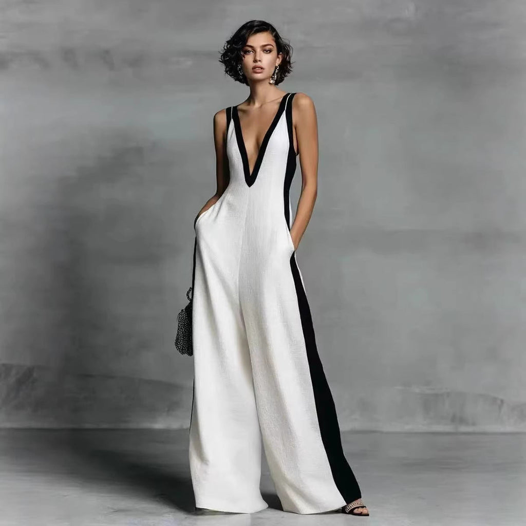 Color-Block Sleeveless Wide-Leg Jumpsuit – French Style Long Pants