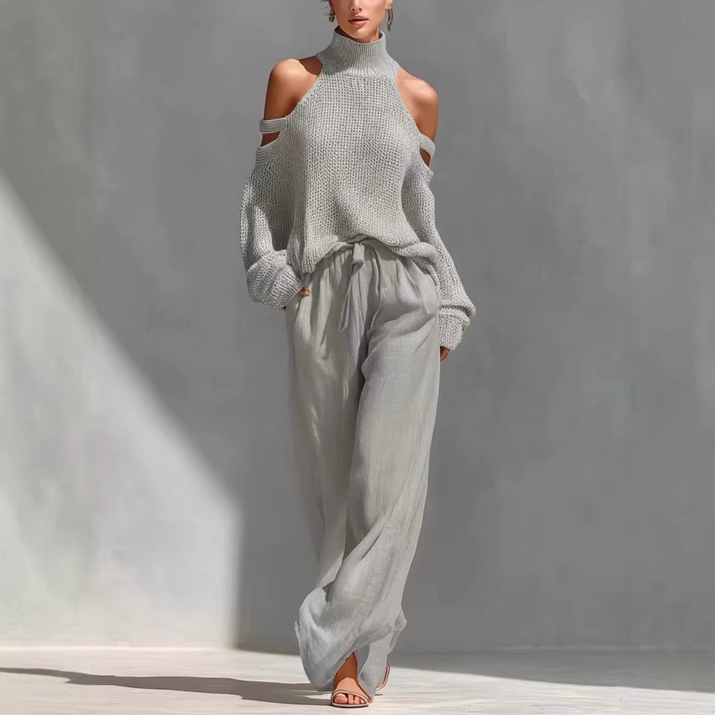 Long-Sleeve Turtleneck Top & Pants Set – Elegant 2-Piece