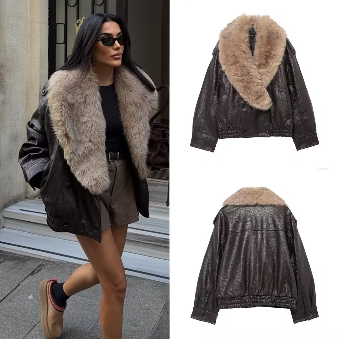 Stylish And Elegant Faux Fur-Decorated Leather Jacket