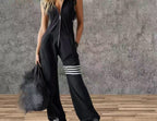 Sporty Retro Lace-Up Striped Sleeveless Hooded Jumpsuit – Wide Flare Leg