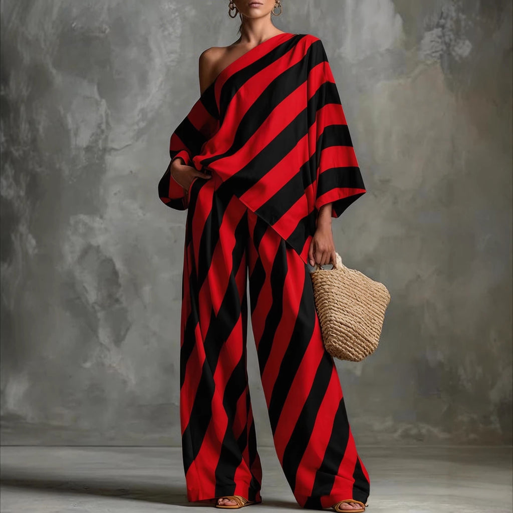Retro Striped Batwing Top & Wide-Leg Pants Set – Vintage 2-Piece