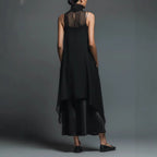 High-neck Asymmetrical Black Slip Chiffon Two-piece Set