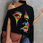 One-Shoulder Abstract Face Printed T-Shirt