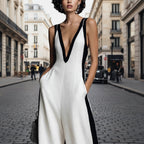Color-Block Sleeveless Wide-Leg Jumpsuit – French Style Long Pants