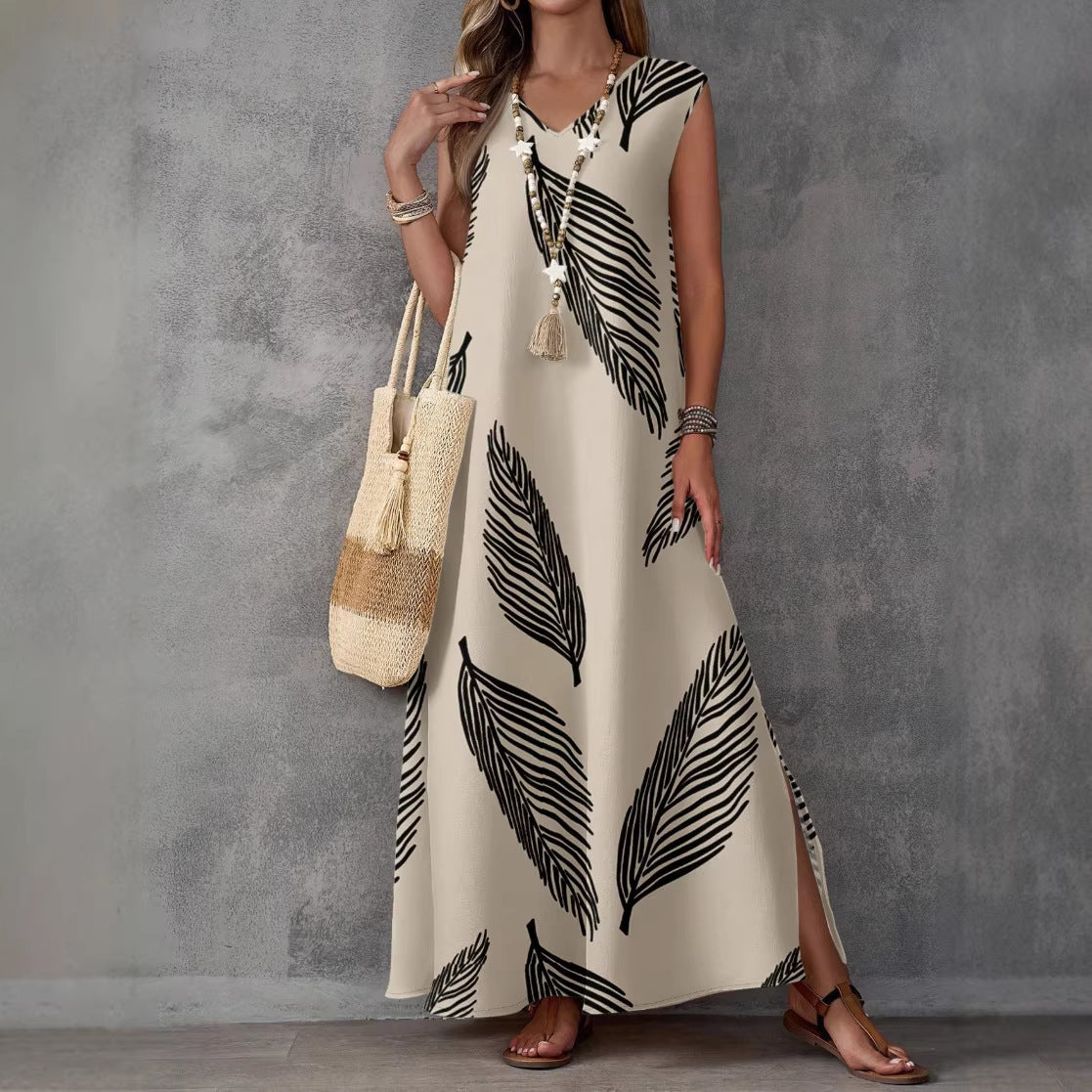 Vintage V-Neck Sleeveless High-Waist Maxi Dress