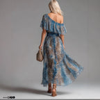 Peacock Blue Leopard Print Chiffon Off-Shoulder Dress – Boho A-Line