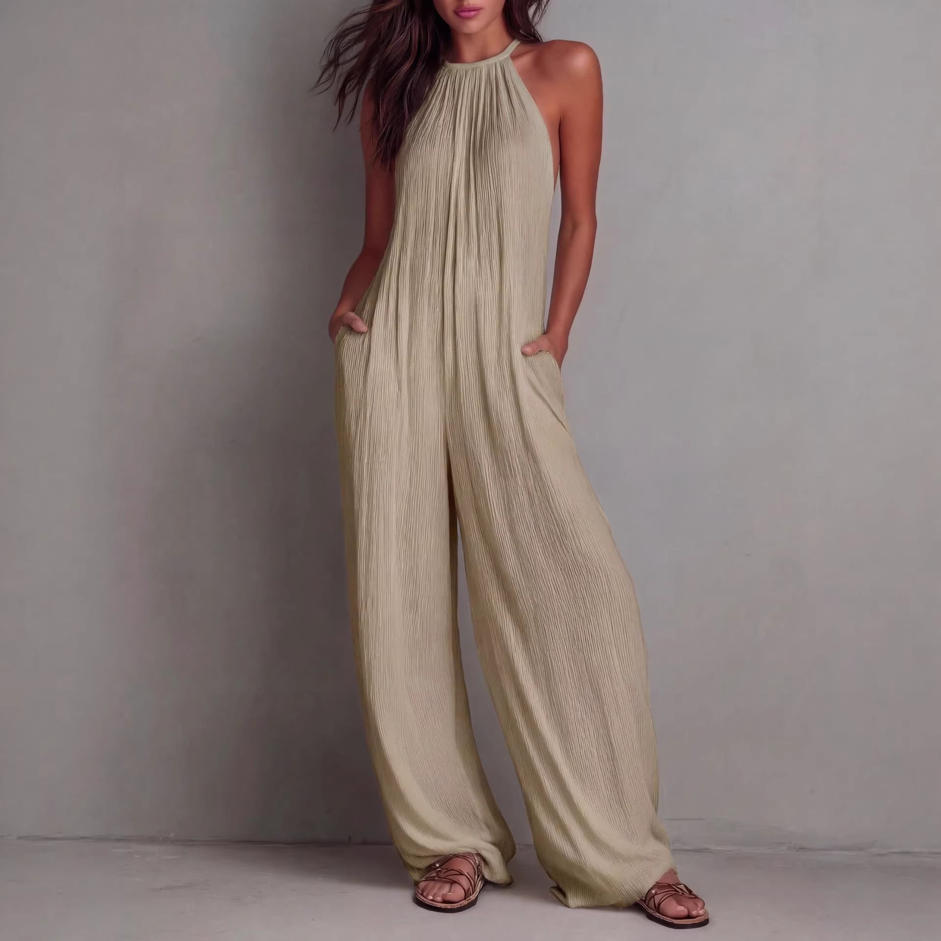 Sleeveless Open-Back Wide-Leg Pleated Jumpsuit