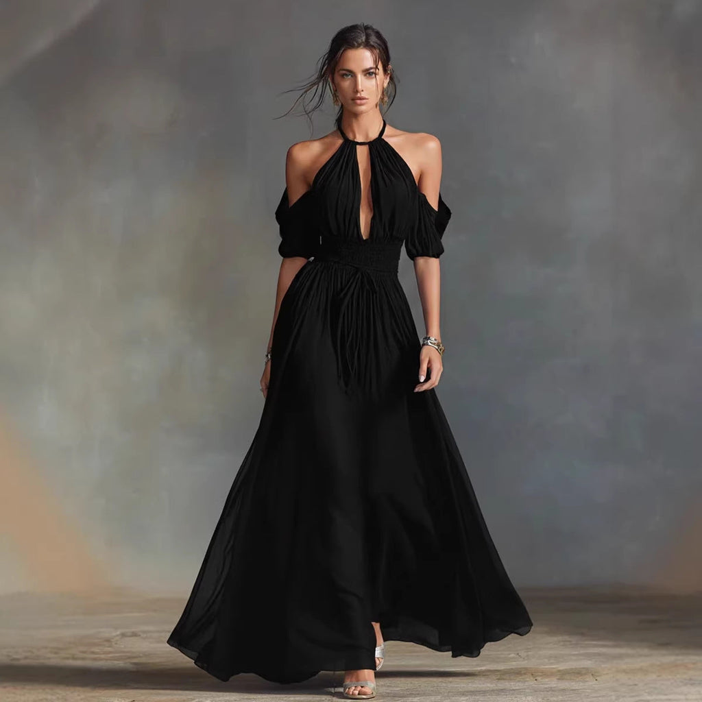 Solid-Color Halter Neck Midi Dress