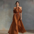 Solid-Color Halter Neck Midi Dress