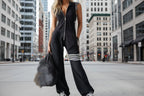 Sporty Retro Lace-Up Striped Sleeveless Hooded Jumpsuit – Wide Flare Leg