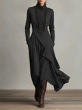 Cross-Wrap High-Neck Long-Sleeve Maxi Dress