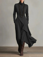 Cross-Wrap High-Neck Long-Sleeve Maxi Dress