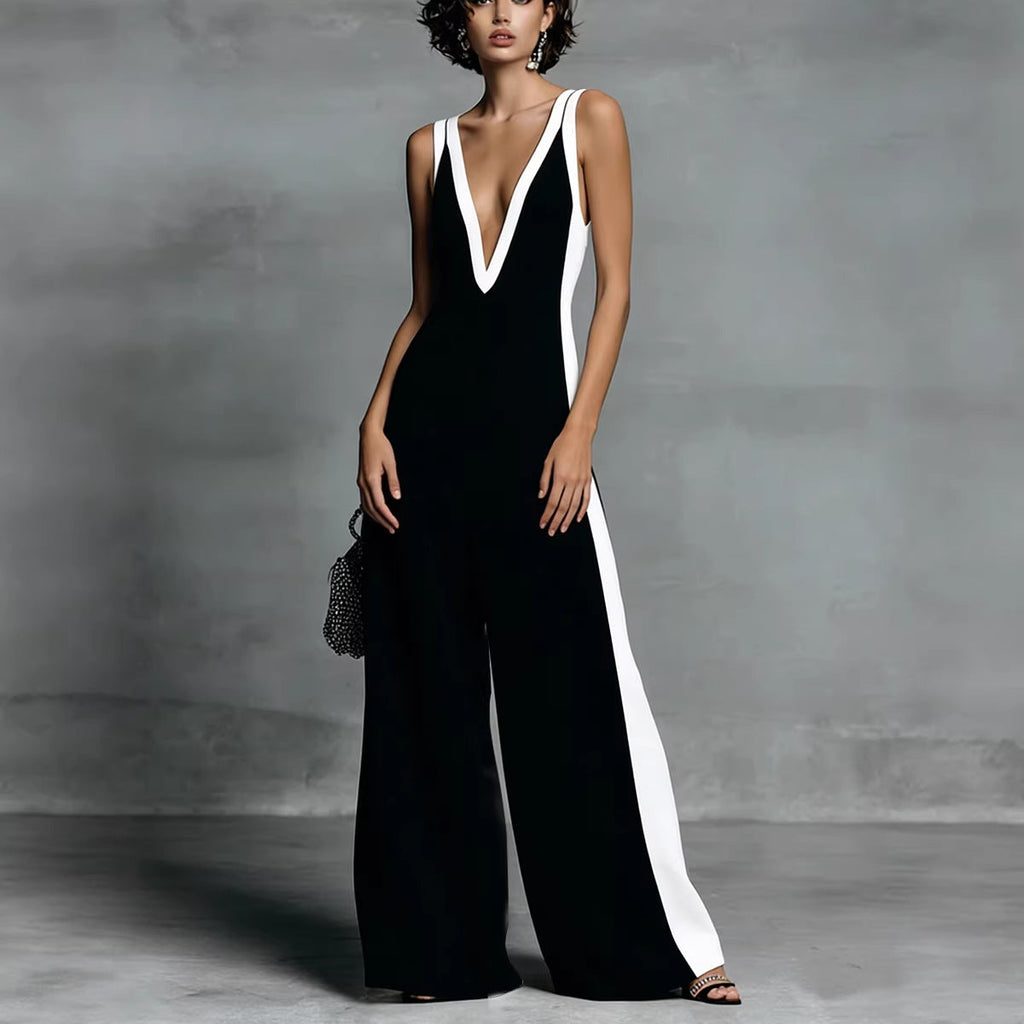 Color-Block Sleeveless Wide-Leg Jumpsuit – French Style Long Pants