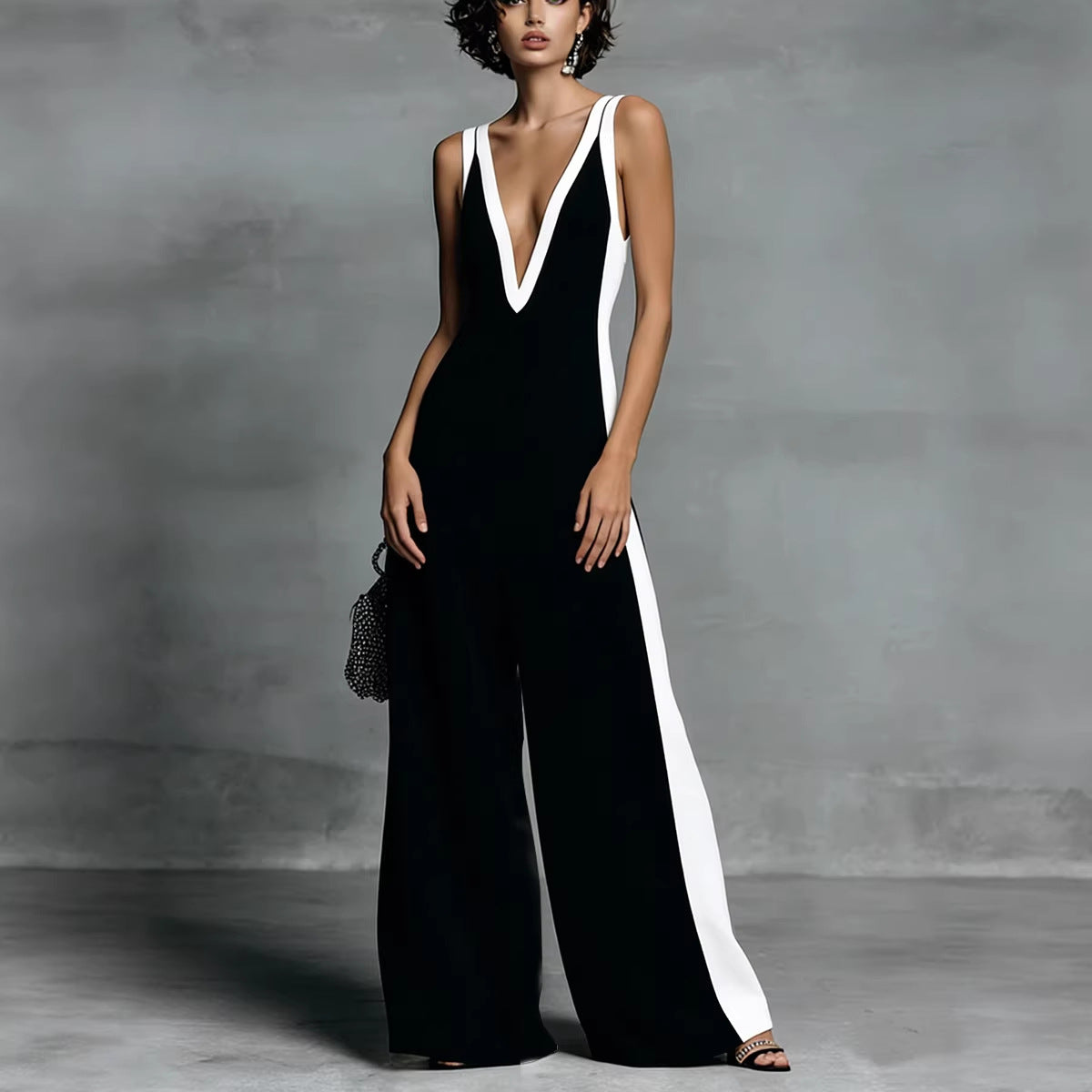 Color-Block Sleeveless Wide-Leg Jumpsuit – French Style Long Pants