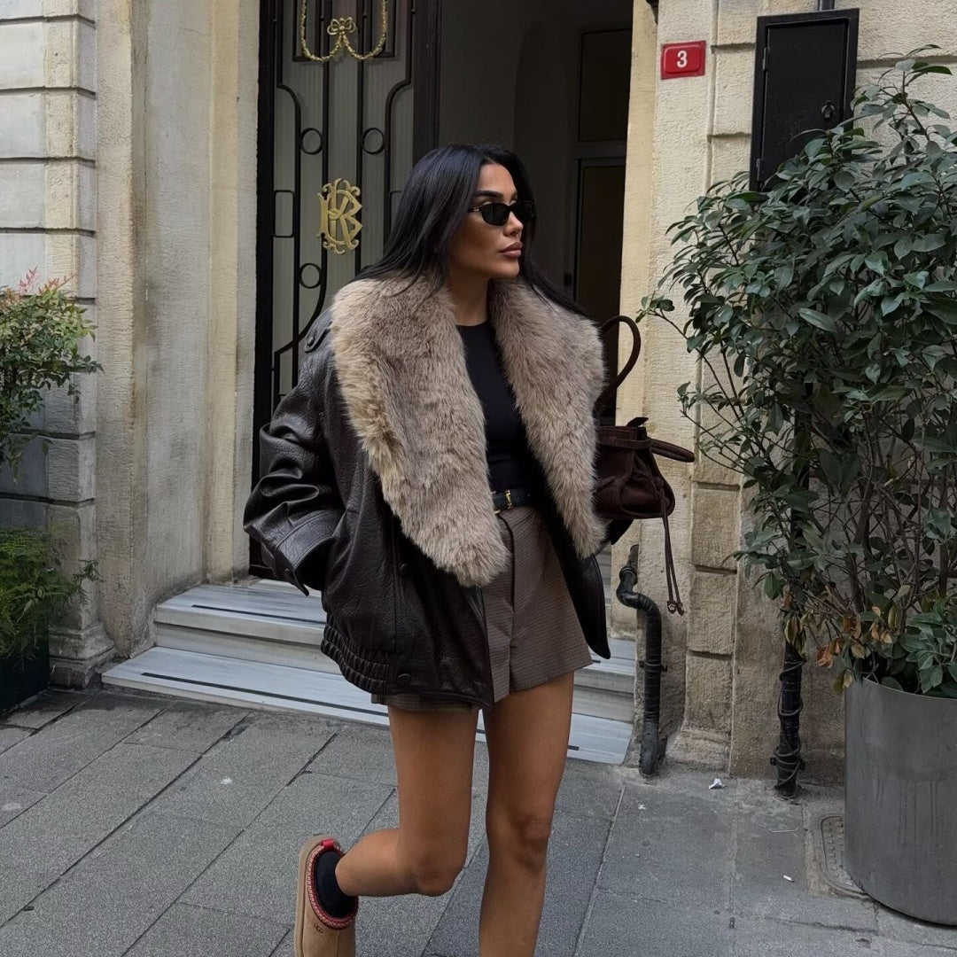 Stylish And Elegant Faux Fur-Decorated Leather Jacket