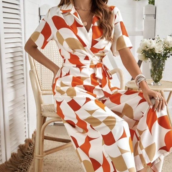 Geometric Pattern Printed Lace Up Shirt Jumpsuit