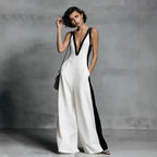 Color-Block Sleeveless Wide-Leg Jumpsuit – French Style Long Pants