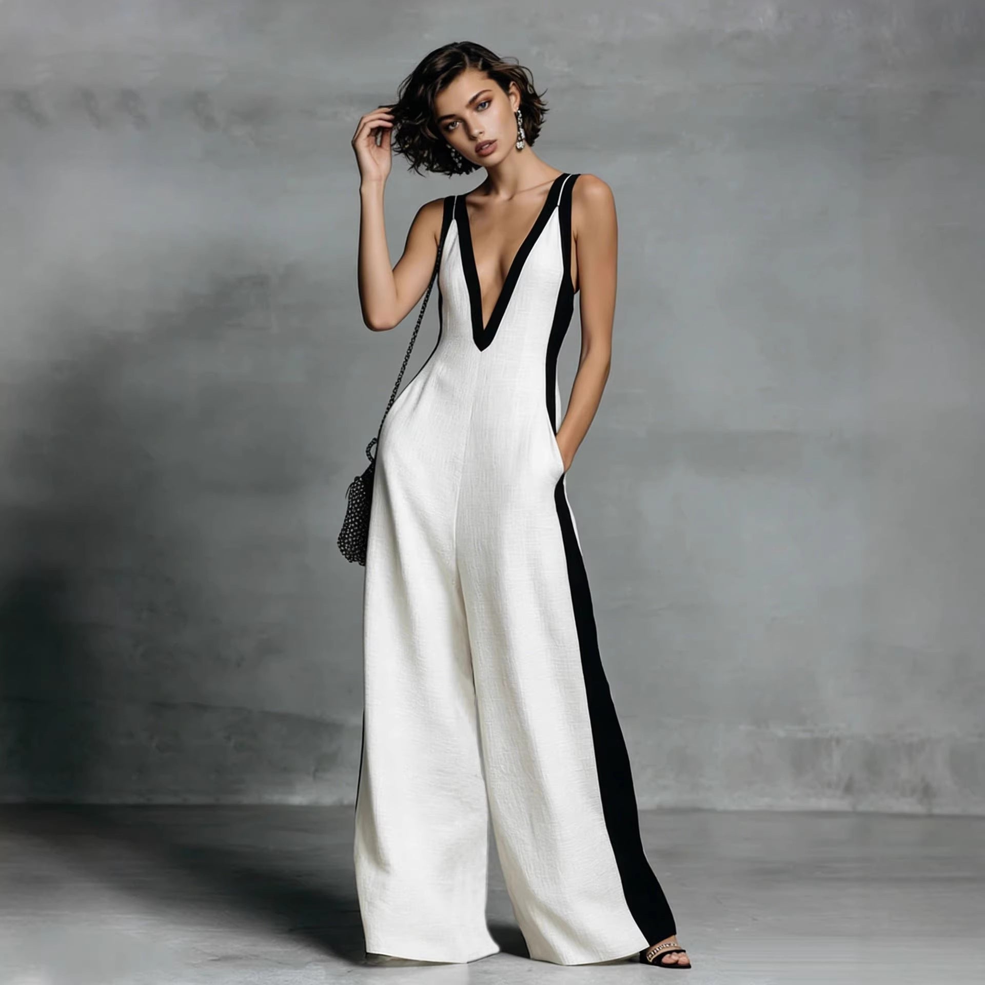 Color-Block Sleeveless Wide-Leg Jumpsuit – French Style Long Pants