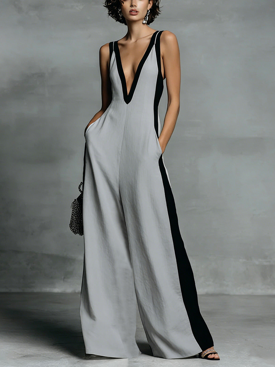 Color-Block Sleeveless Wide-Leg Jumpsuit – French Style Long Pants